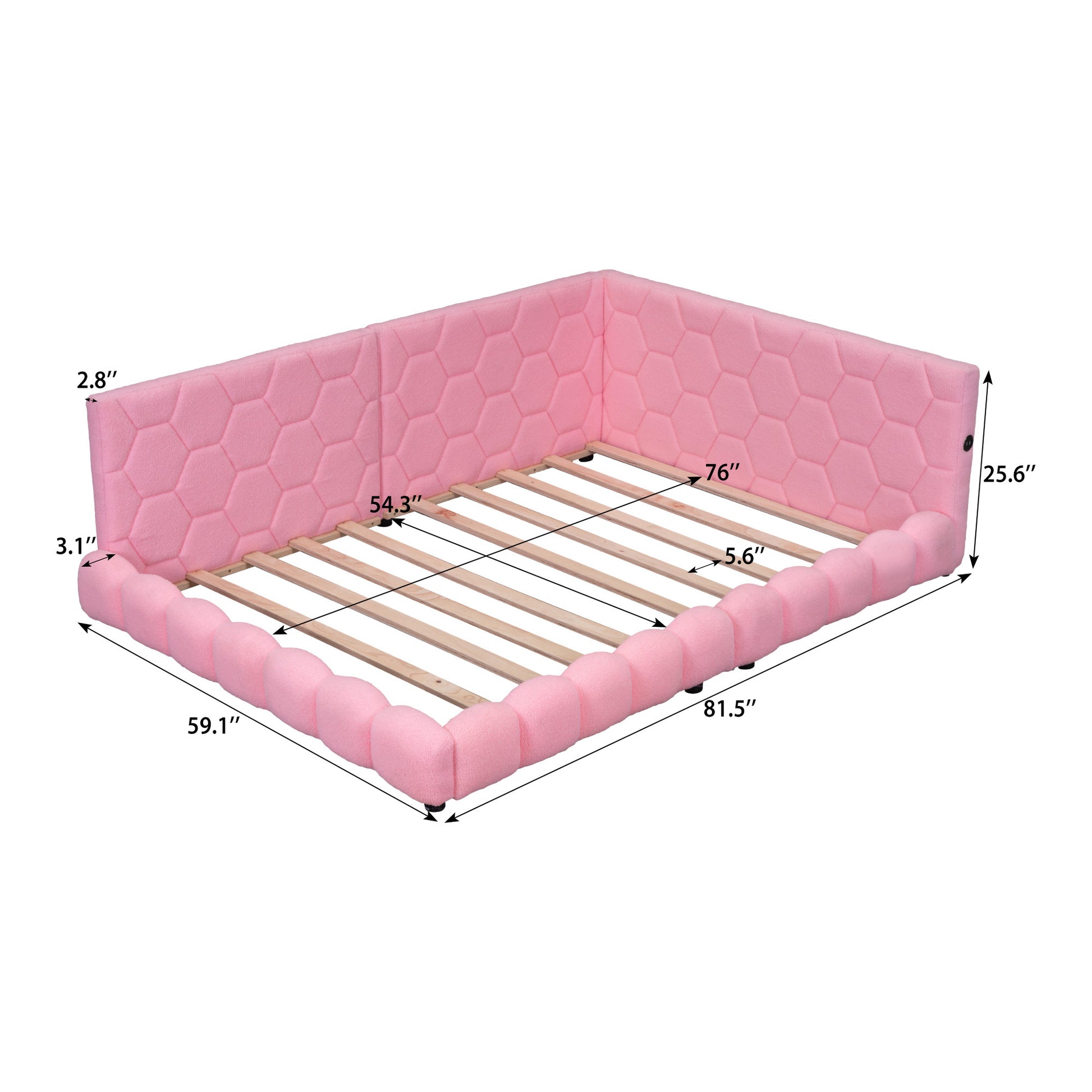 Upholstered Full Size Platform Bed With Usb Ports And Led Belt, Pink Pink Teddy