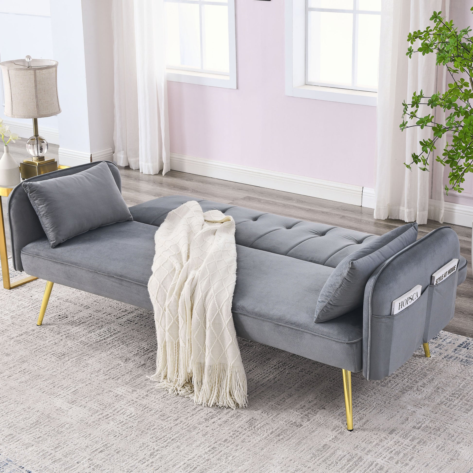 72.5" Convertible Sofa Bed, Adjustable Velvet Sofa Bed Velvet Folding Lounge Recliner Reversible Daybed Ideal For Bedroom With Two Pillows And Center Legs Grey Velvet