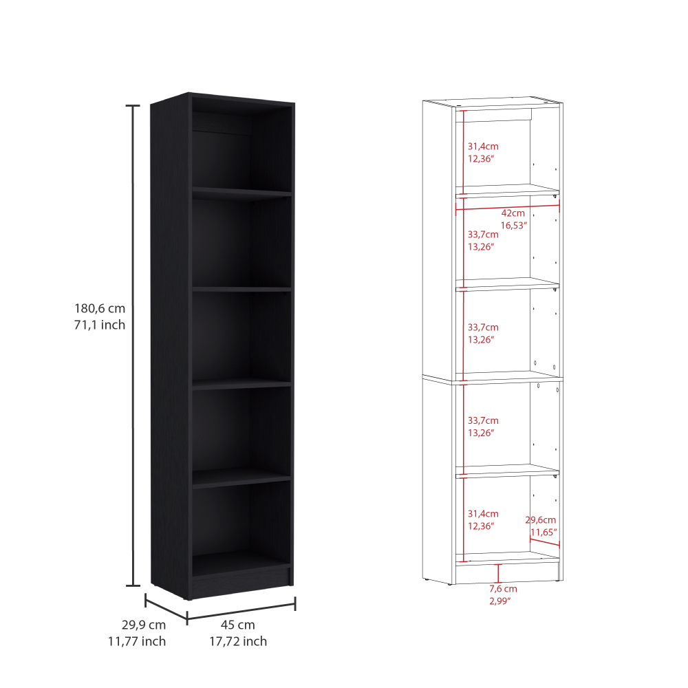 Home Xs Bookcase With 5 Tier Shelves And Slim Design Black Office Black Particle Board Particle Board