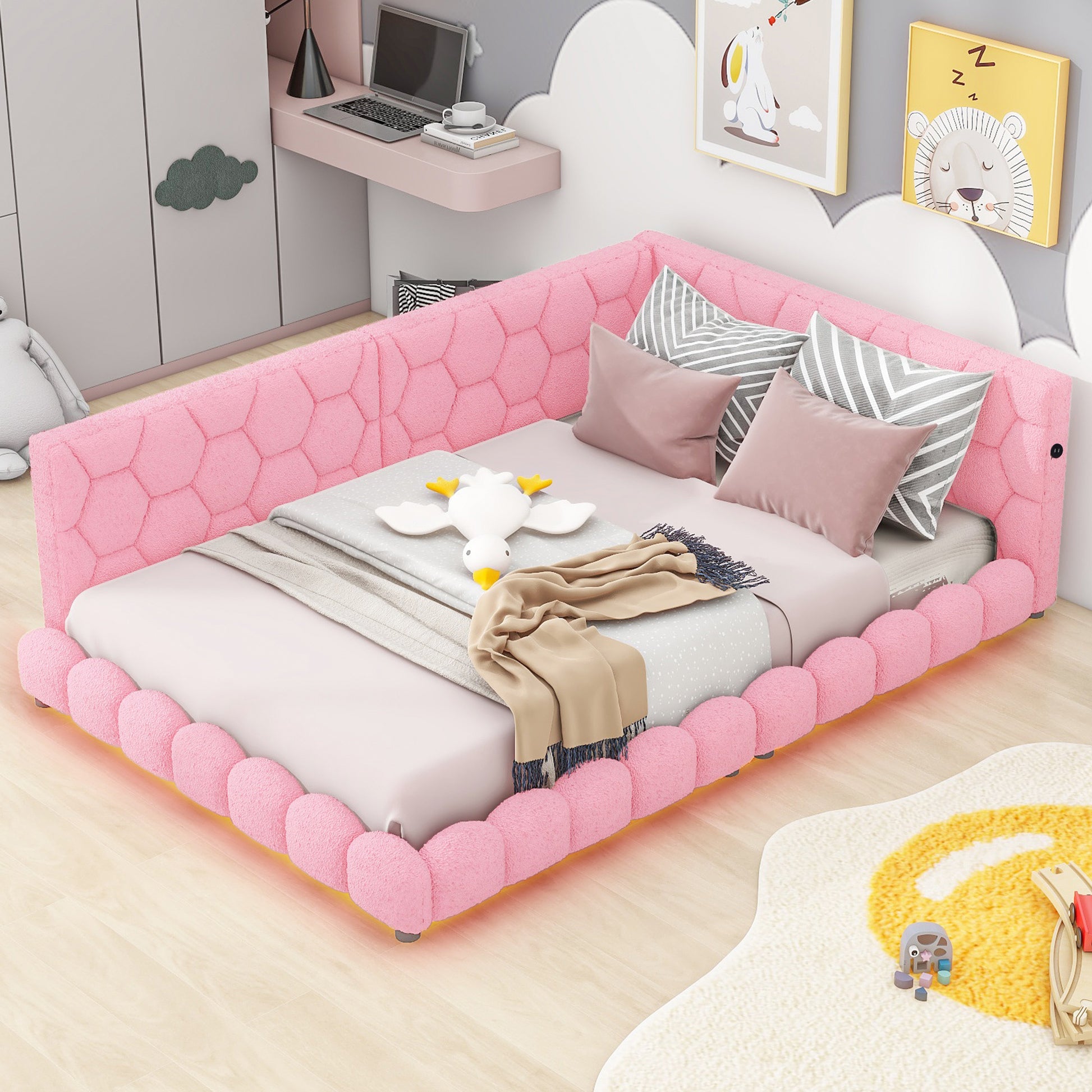 Upholstered Full Size Platform Bed With Usb Ports And Led Belt, Pink Pink Teddy