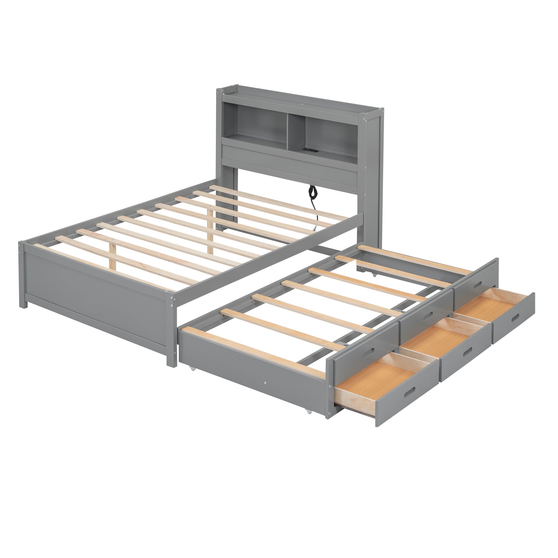 Full Size Platform Bed With Trundle, Drawers And Usb Plugs, Gray Full Gray Pine