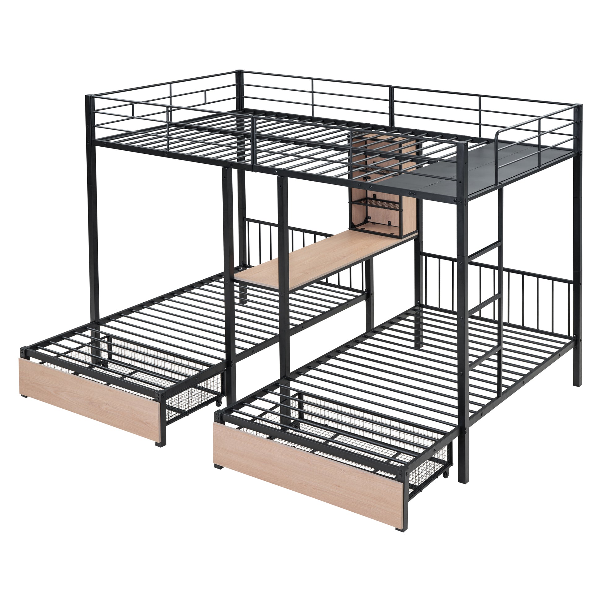 Full Over Twin & Twin Triple Bunk Bed With Drawers, Multi Functional Metal Frame Bed With Desks And Shelves In The Middle, Black Black Metal