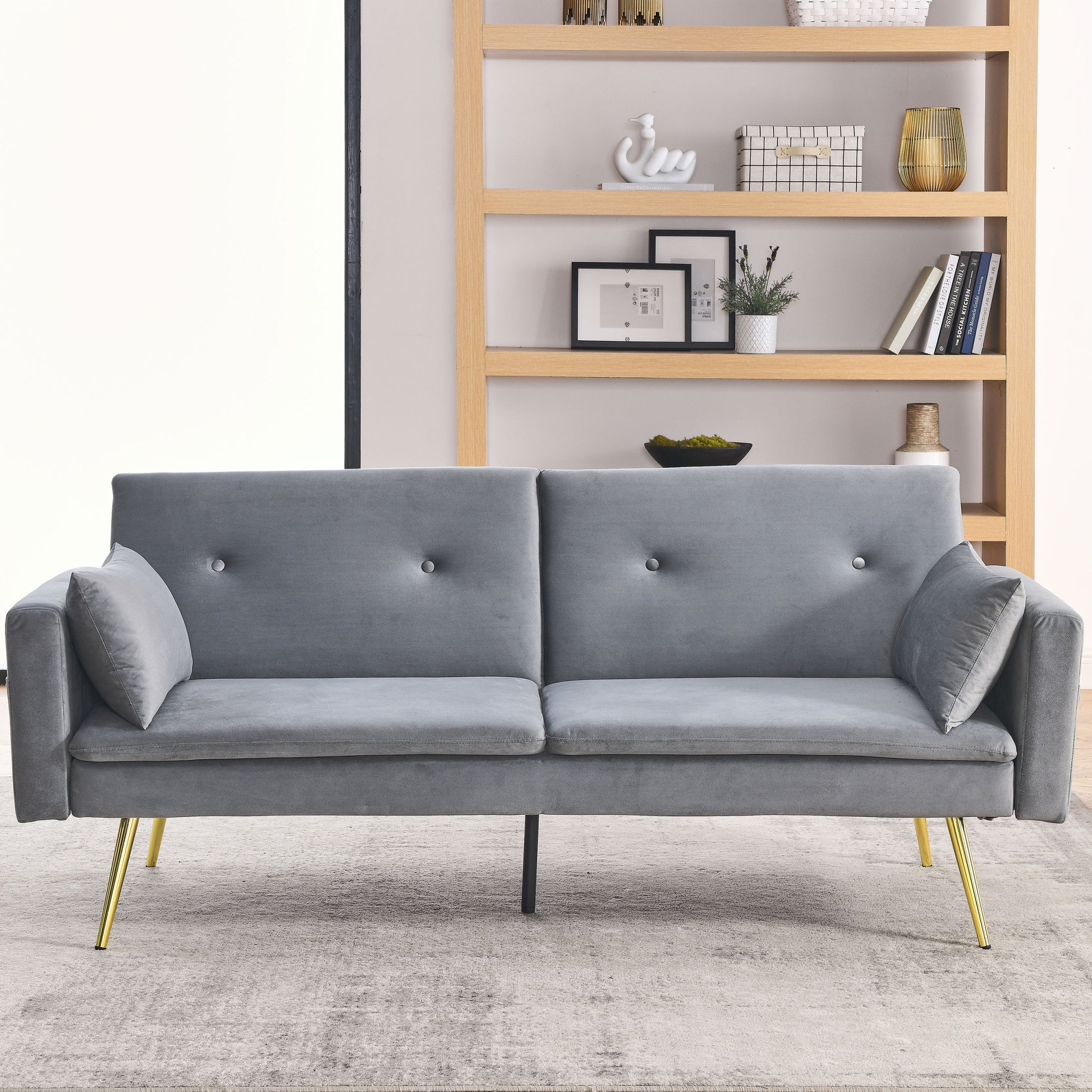 72.5" Convertible Sofa Bed, Adjustable Velvet Sofa Bed Velvet Folding Lounge Recliner Reversible Daybed Ideal For Bedroom With Two Pillows And Center Leg Grey Velvet