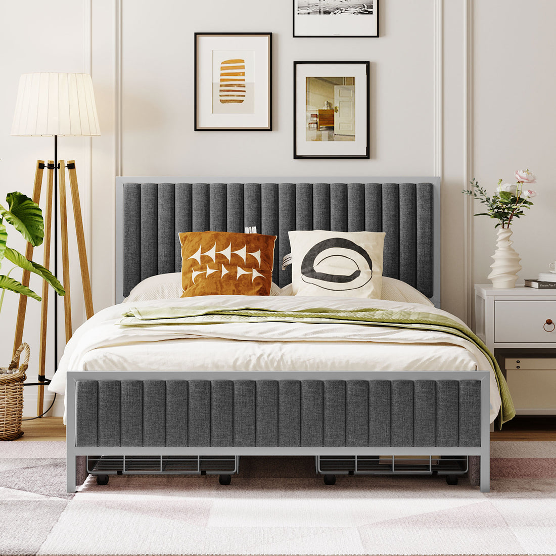 Full Size Metal Frame Upholstered Bed With 4 Drawers, Linen Fabric, Gray Gray Linen