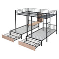 Full Over Twin & Twin Triple Bunk Bed With Drawers, Multi Functional Metal Frame Bed With Desks And Shelves In The Middle, Black Black Metal