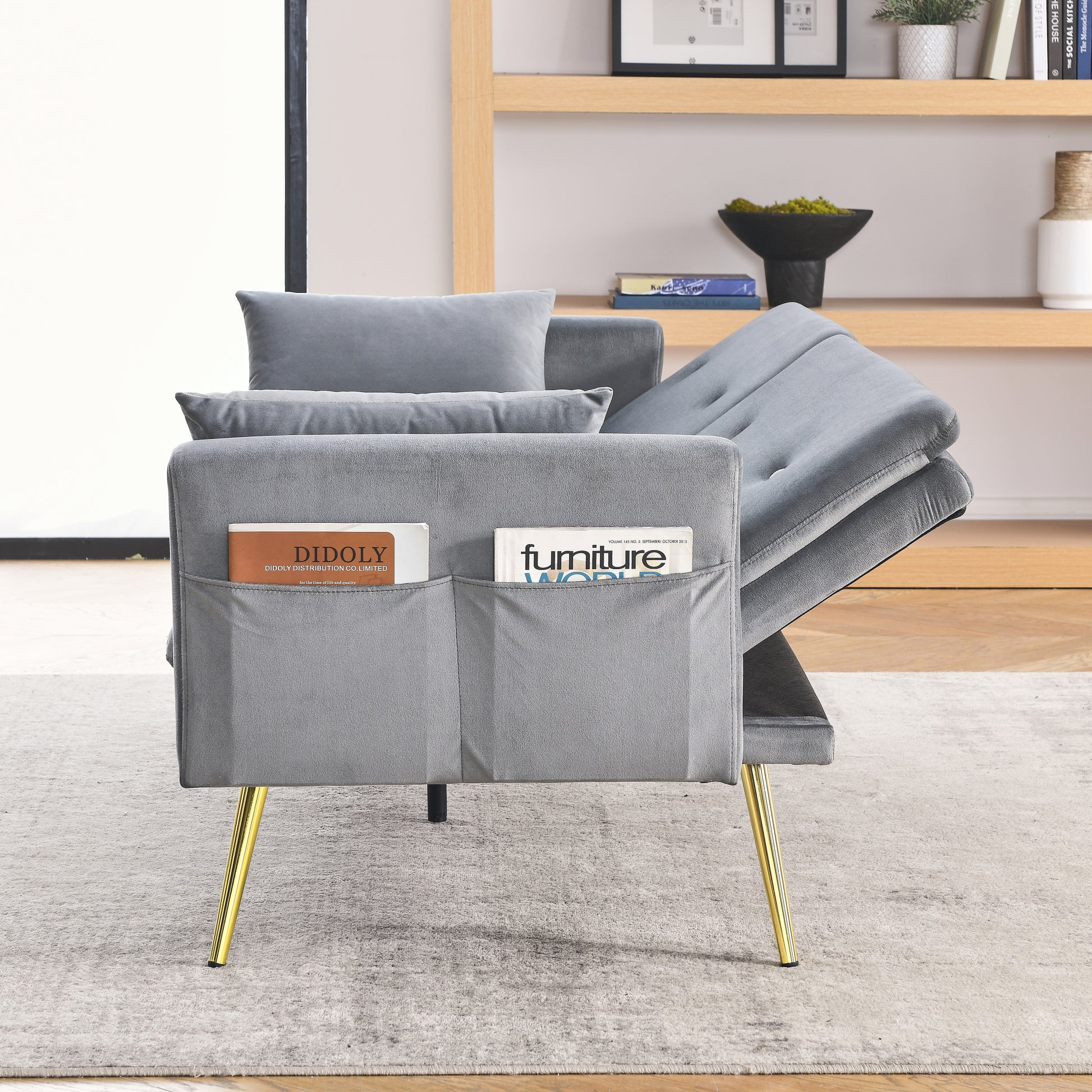 72.5" Convertible Sofa Bed, Adjustable Velvet Sofa Bed Velvet Folding Lounge Recliner Reversible Daybed Ideal For Bedroom With Two Pillows And Center Leg Grey Velvet