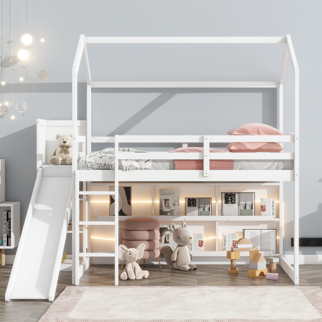 Twin Size Wood House Loft Bed With Slide, Storage Shelves And Light, White Box Spring Not Required White Wood Bedroom Solid Wood Mdf