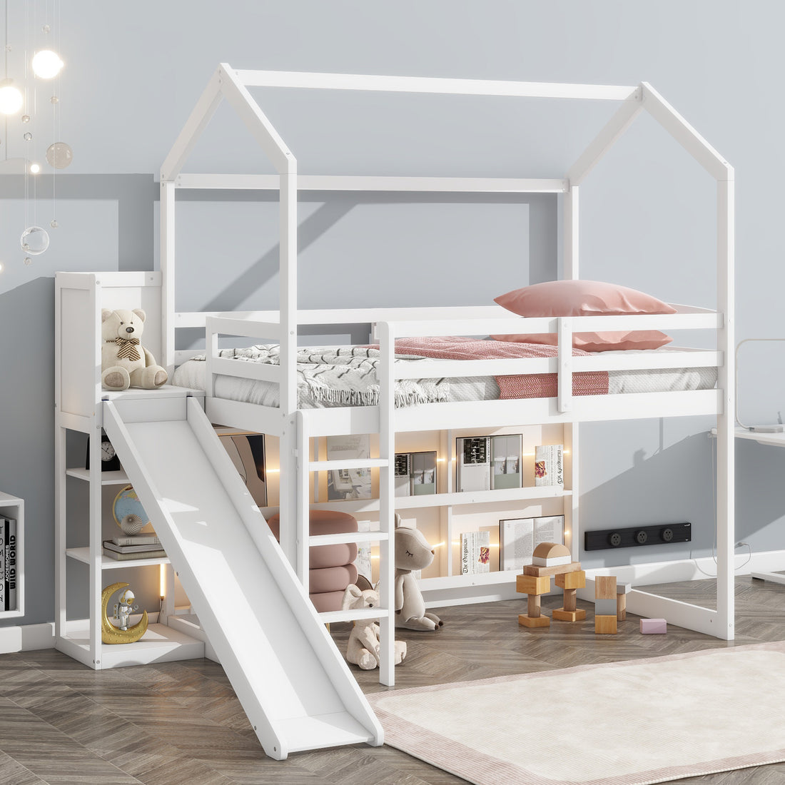 Twin Size Wood House Loft Bed With Slide, Storage Shelves And Light, White Box Spring Not Required White Wood Bedroom Solid Wood Mdf