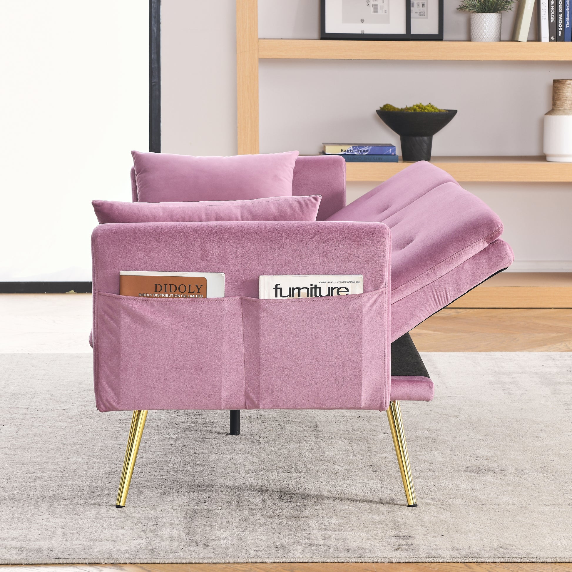 72.5" Convertible Sofa Bed, Adjustable Velvet Sofa Bed Velvet Folding Lounge Recliner Reversible Daybed Ideal For Bedroom With Two Pillows And Center Leg Pink Velvet