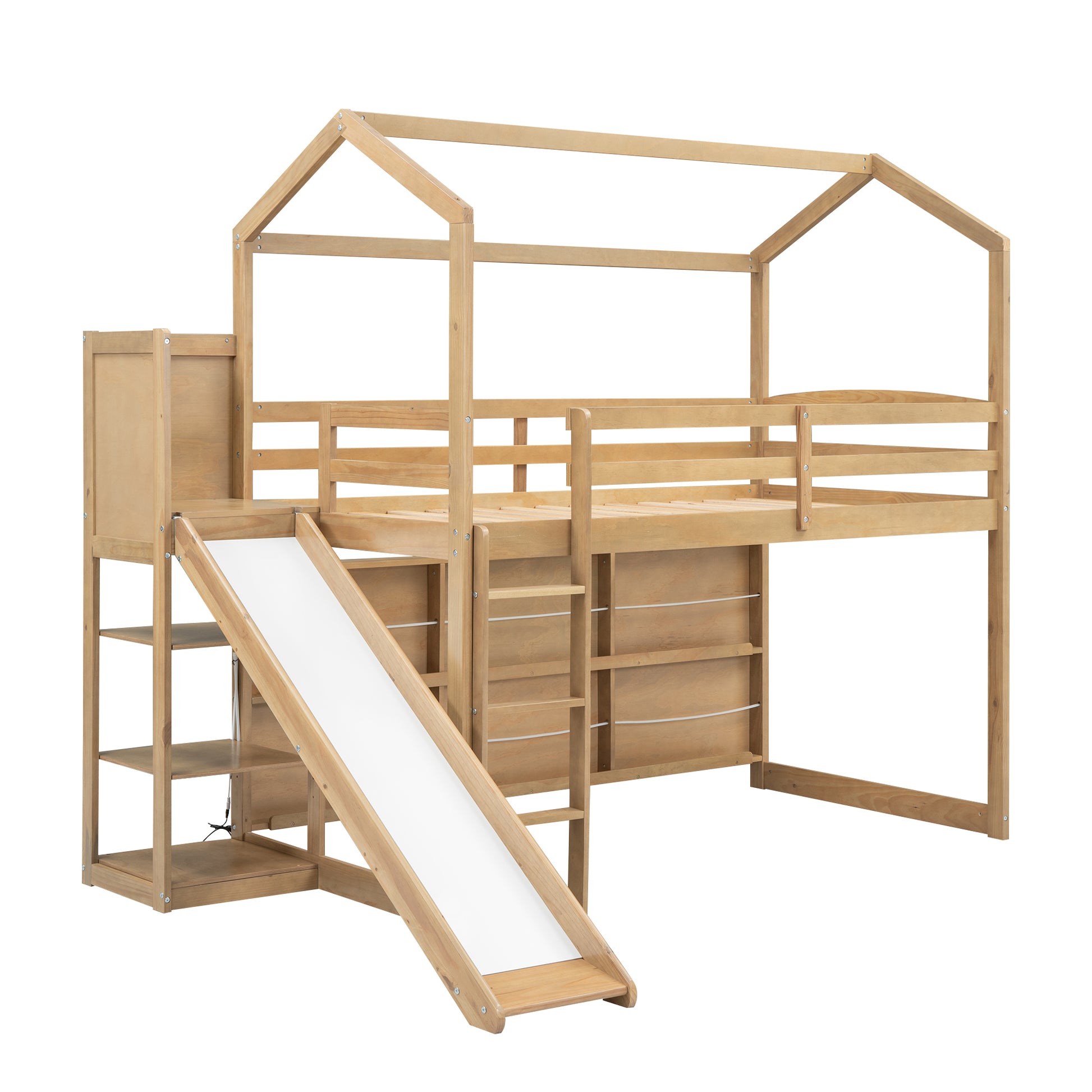 Twin Size Wood House Loft Bed With Slide, Storage Shelves And Light, Climbing Ramp, Wood Color Box Spring Not Required Wood Wood Bedroom Solid Wood Mdf