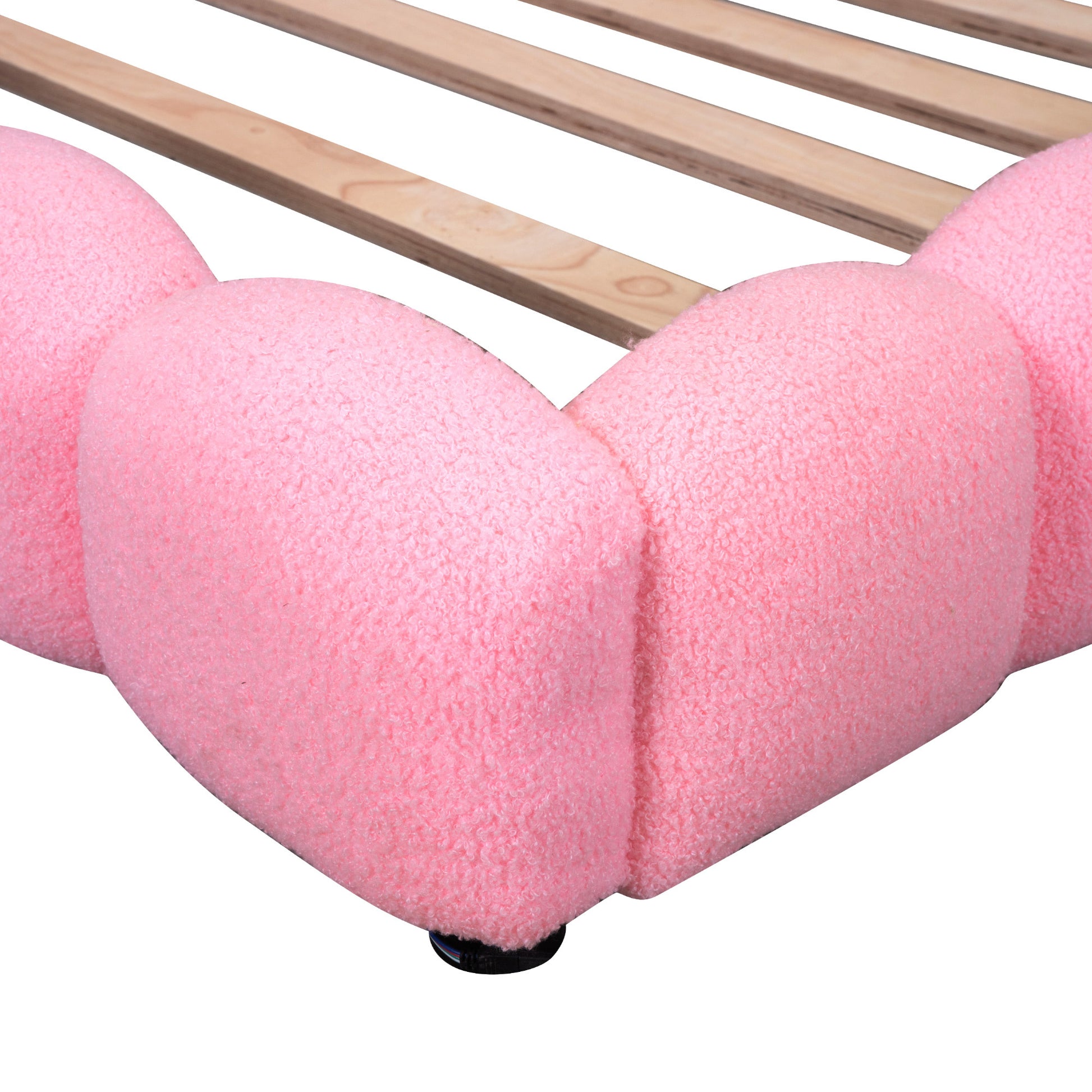 Upholstered Full Size Platform Bed With Usb Ports And Led Belt, Pink Pink Teddy