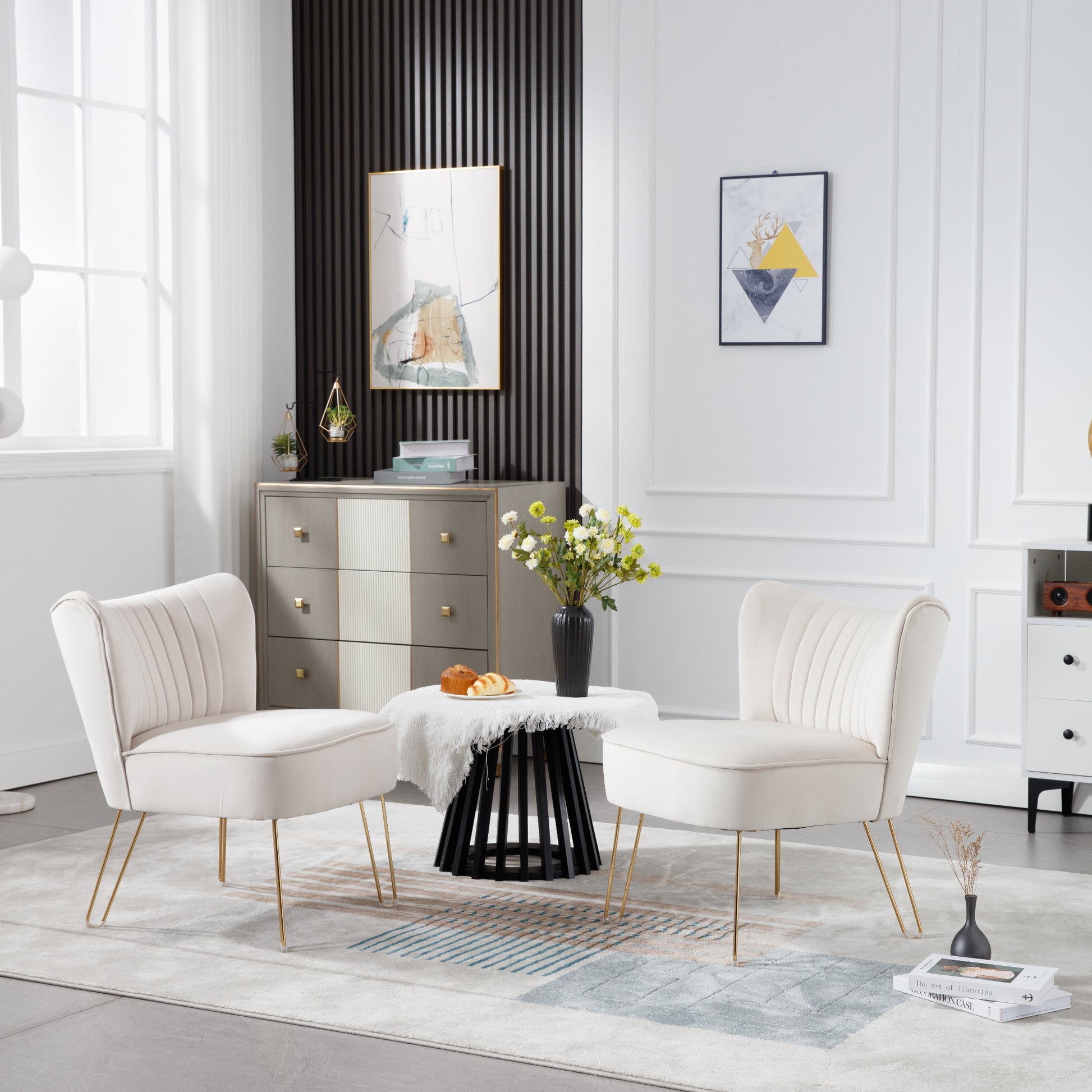 Hengming Modern Velvet Chair, Armless Side Chair, Metal Leg Chair, Suitable For Living Room And Bedroom Set Of 2 Beige Velvet