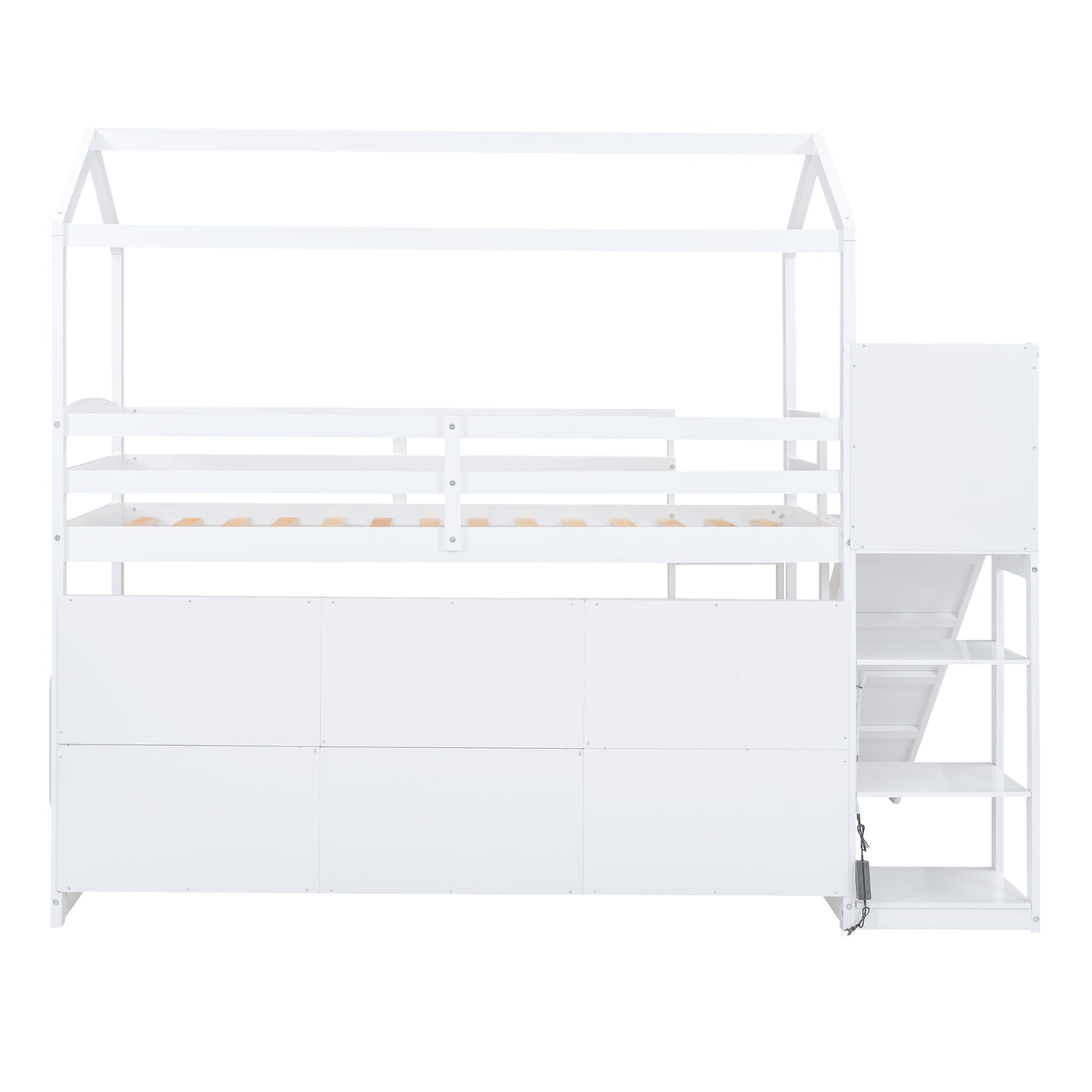 Twin Size Wood House Loft Bed With Slide, Storage Shelves And Light, White Box Spring Not Required White Wood Bedroom Solid Wood Mdf