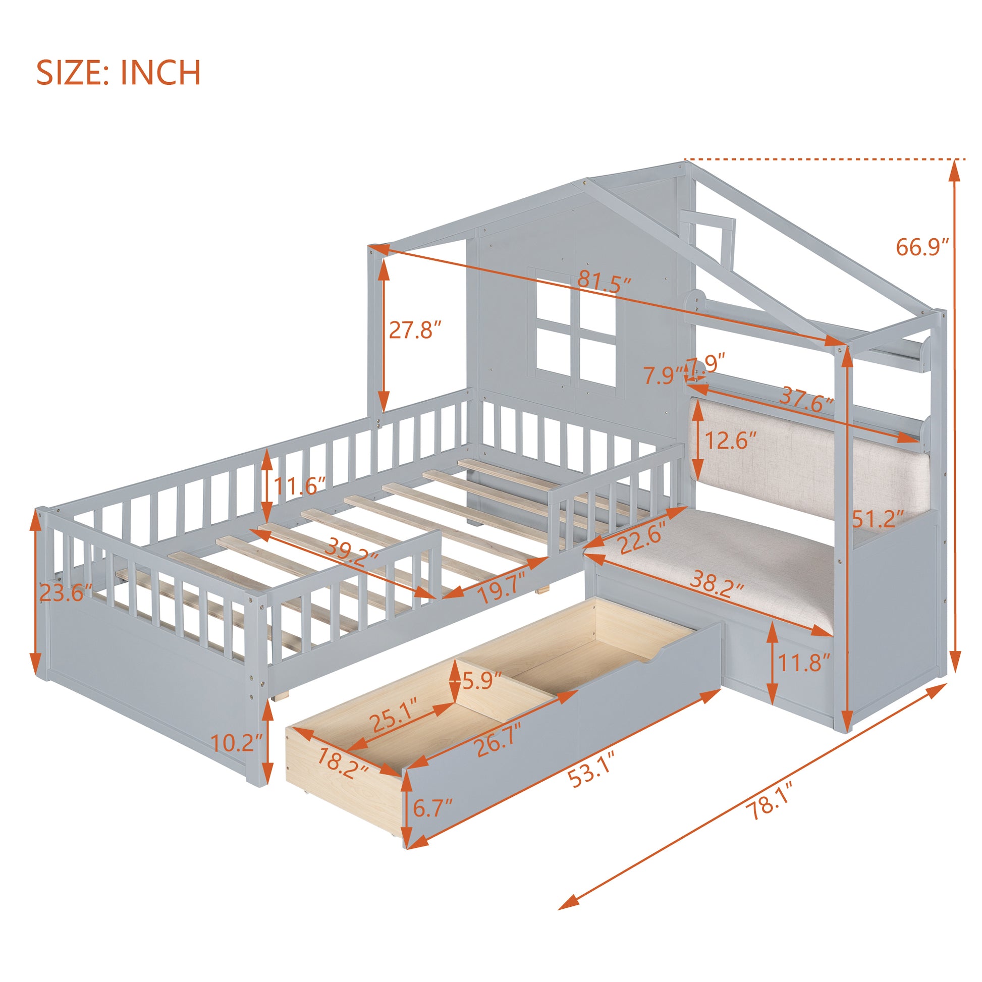 Twin Size House Bed With Sofa, Kids Platform Bed With Two Drawers And Storage Shelf, Gray Gray Wood