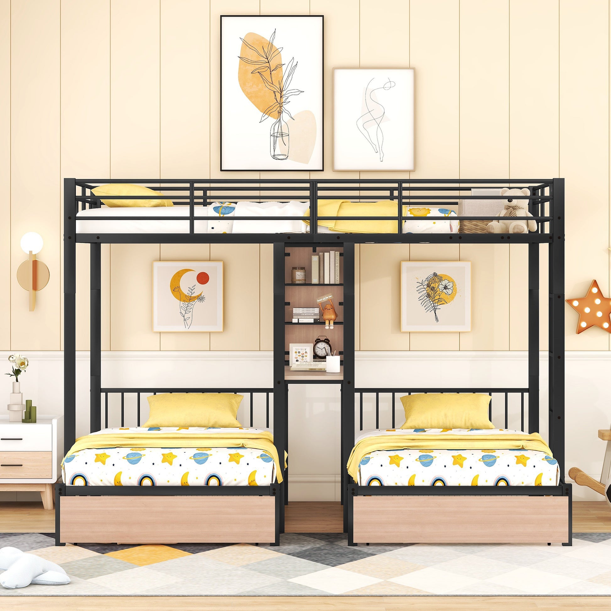 Full Over Twin & Twin Triple Bunk Bed With Drawers, Multi Functional Metal Frame Bed With Desks And Shelves In The Middle, Black Black Metal