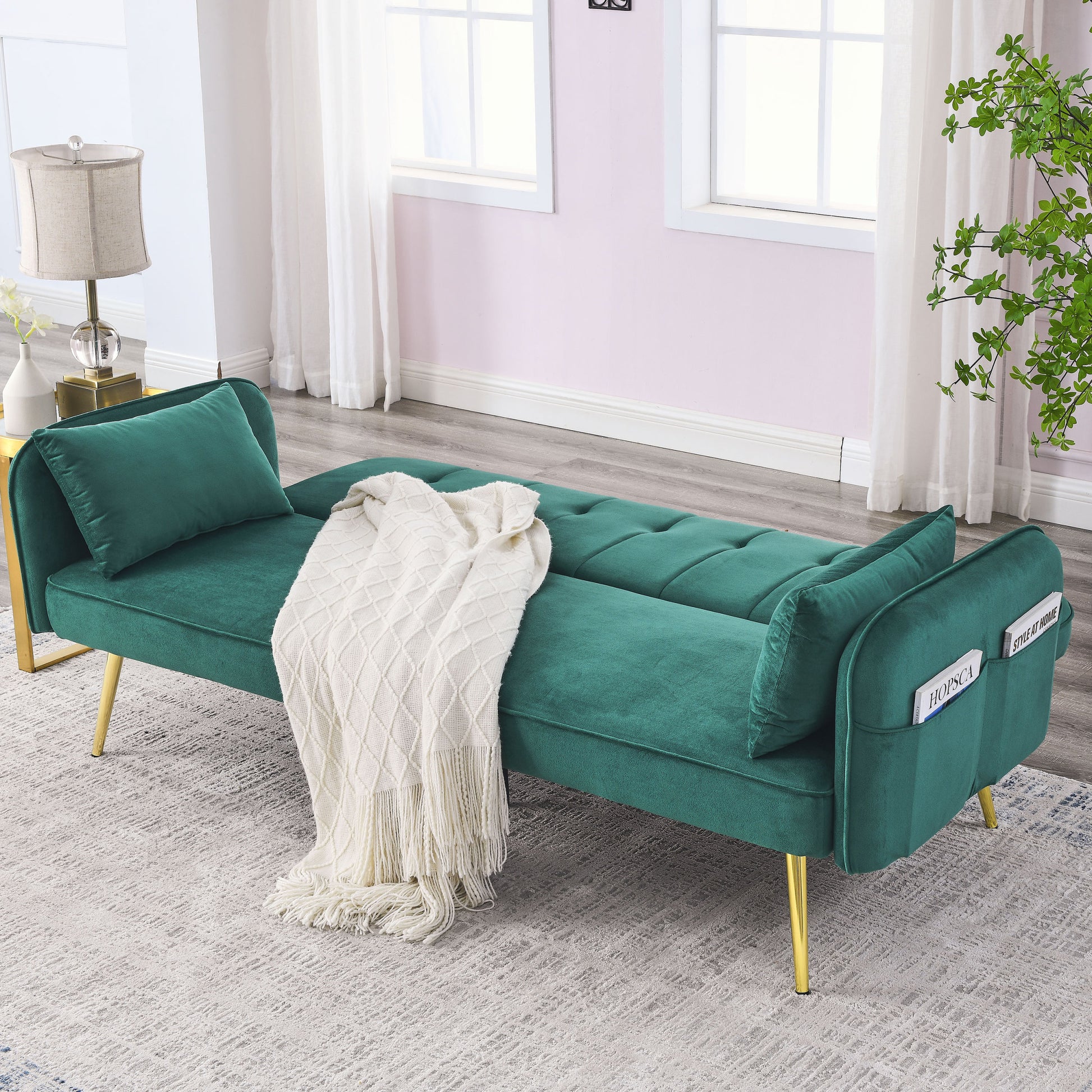 72.5" Convertible Sofa Bed, Adjustable Velvet Sofa Bed Velvet Folding Lounge Recliner Reversible Daybed Ideal For Bedroom With Two Pillows And Center Leg Green Velvet