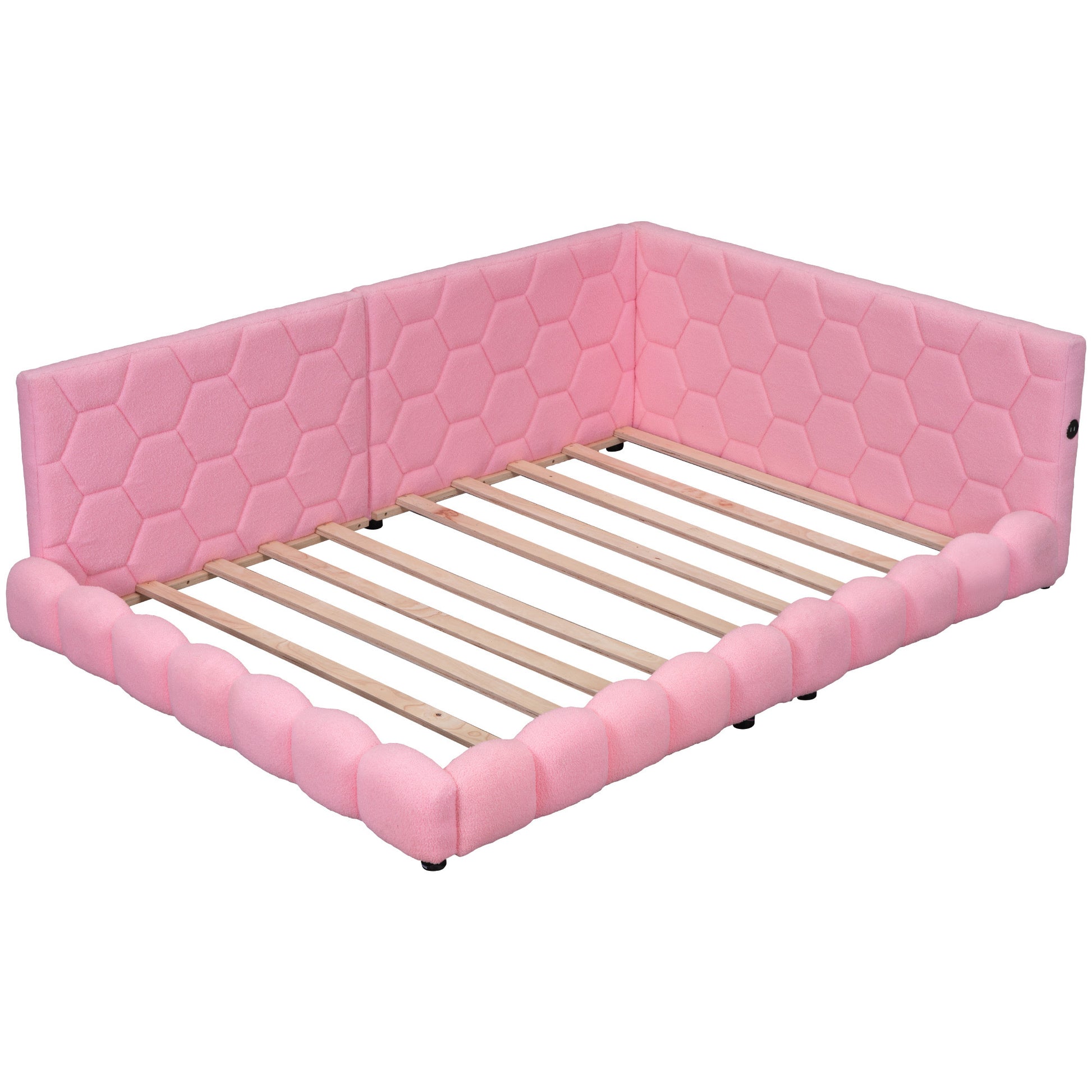 Upholstered Full Size Platform Bed With Usb Ports And Led Belt, Pink Pink Teddy