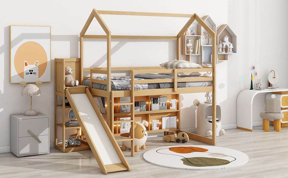 Twin Size Wood House Loft Bed With Slide, Storage Shelves And Light, White Natural Solid Wood Mdf