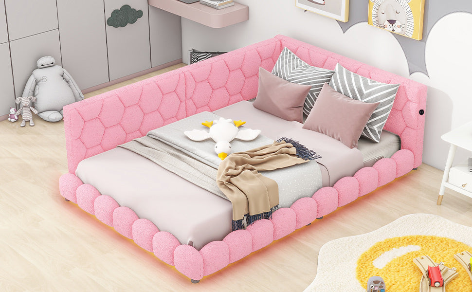 Upholstered Full Size Platform Bed With Usb Ports And Led Belt, Pink Pink Teddy