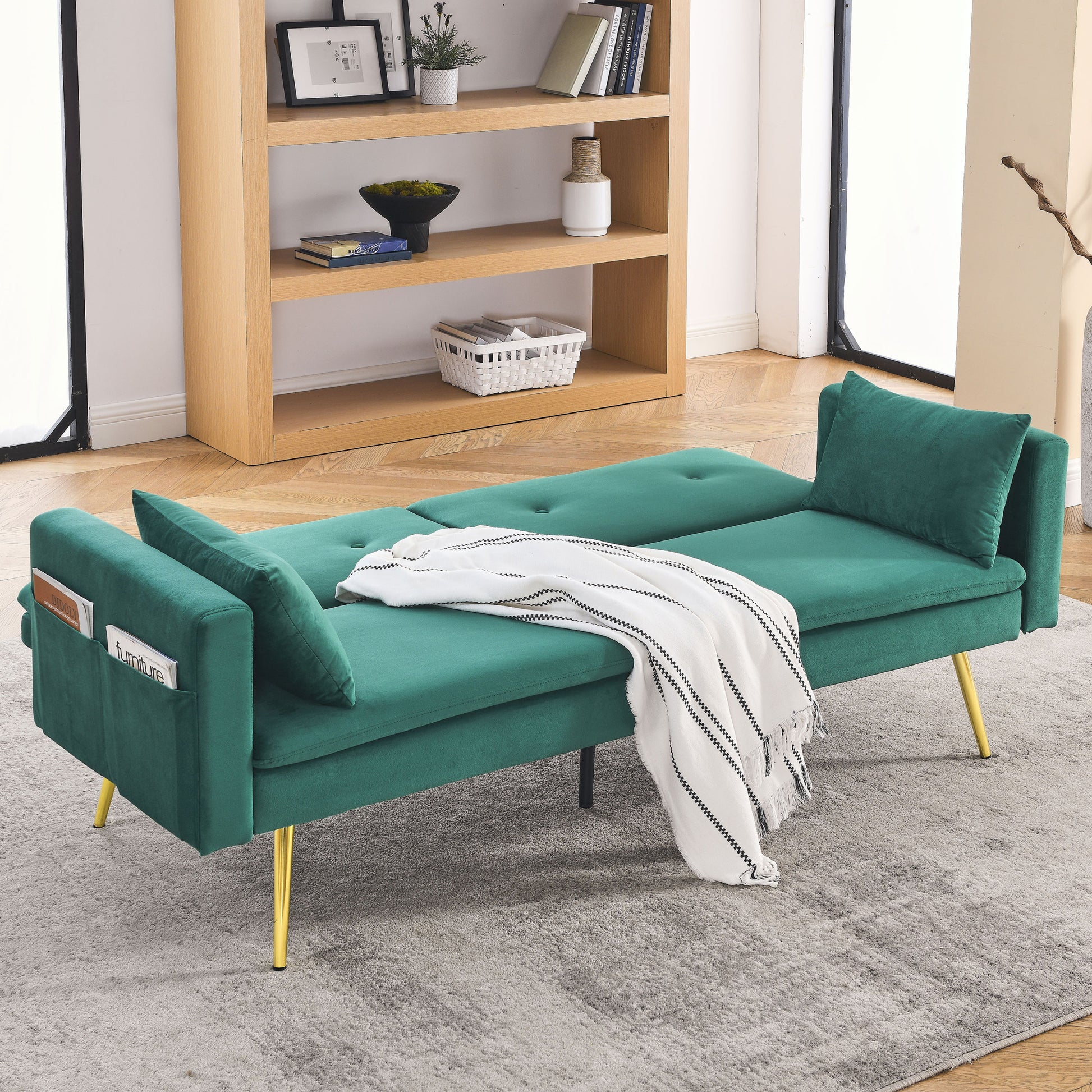 72.5" Convertible Sofa Bed, Adjustable Velvet Sofa Bed Velvet Folding Lounge Recliner Reversible Daybed Ideal For Bedroom With Two Pillows And Center Leg Green Velvet