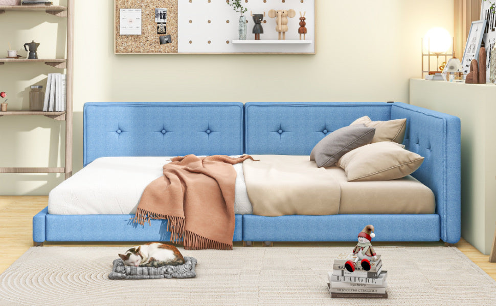 Upholstered Full Size Platform Bed With Usb Ports, Blue Blue Linen