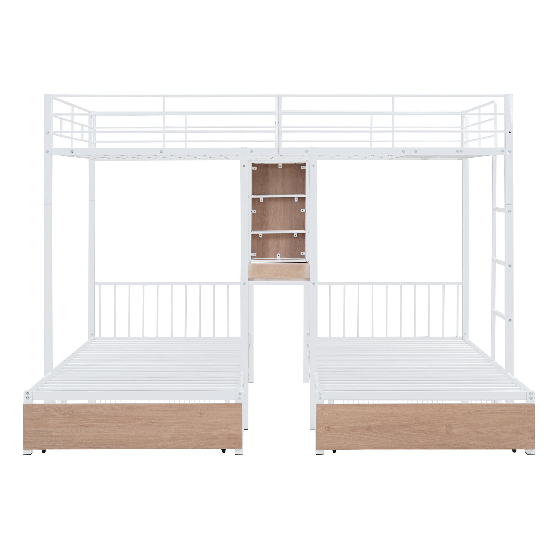 Full Over Twin & Twin Triple Bunk Bed With Drawers, Multi Functional Metal Frame Bed With Desks And Shelves In The Middle, White White Metal