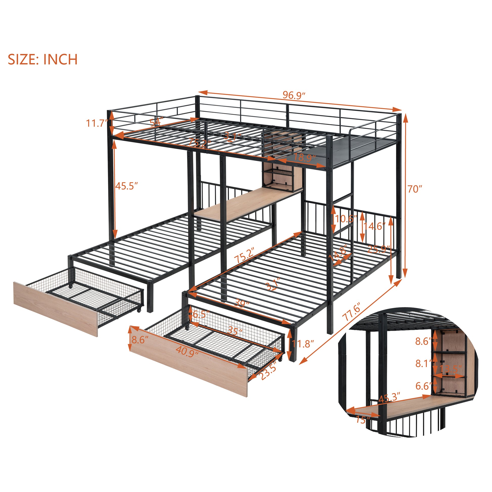 Full Over Twin & Twin Triple Bunk Bed With Drawers, Multi Functional Metal Frame Bed With Desks And Shelves In The Middle, Black Black Metal