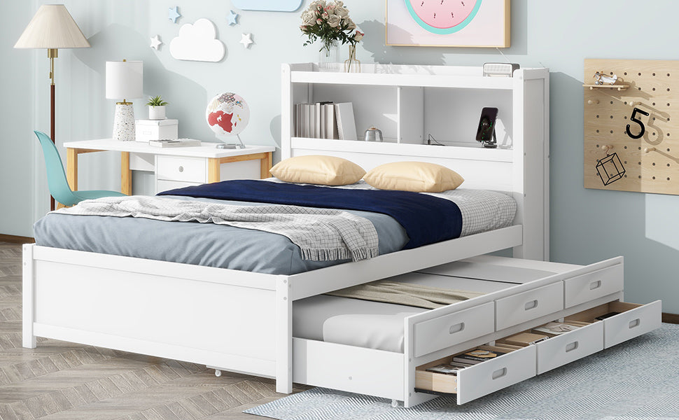 Full Size Platform Bed With Trundle, Drawers And Usb Plugs, White Full White Pine