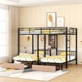 Full Over Twin & Twin Triple Bunk Bed With Drawers, Multi Functional Metal Frame Bed With Desks And Shelves In The Middle, Black Black Metal