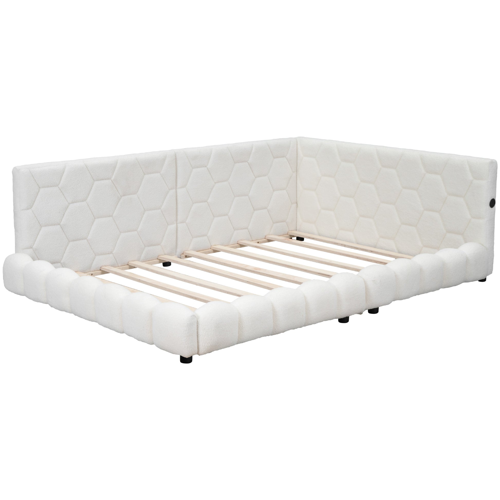 Upholstered Full Size Platform Bed With Usb Ports And Led Belt, White White Teddy