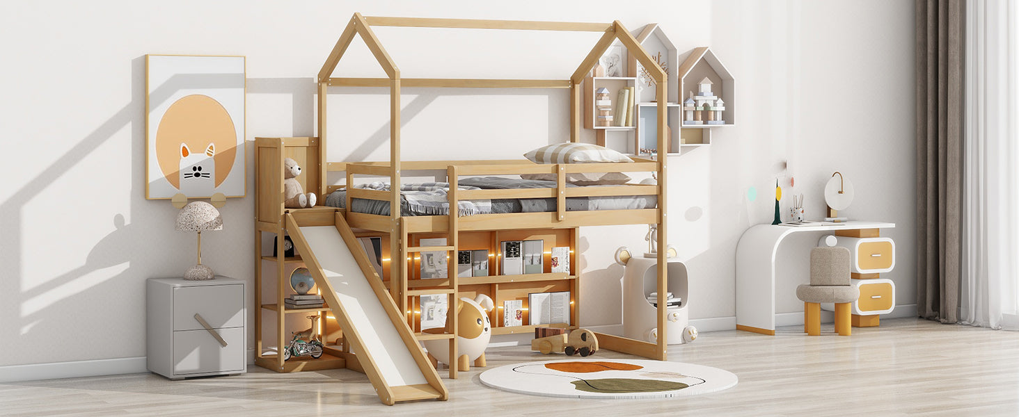 Twin Size Wood House Loft Bed With Slide, Storage Shelves And Light, White Natural Solid Wood Mdf