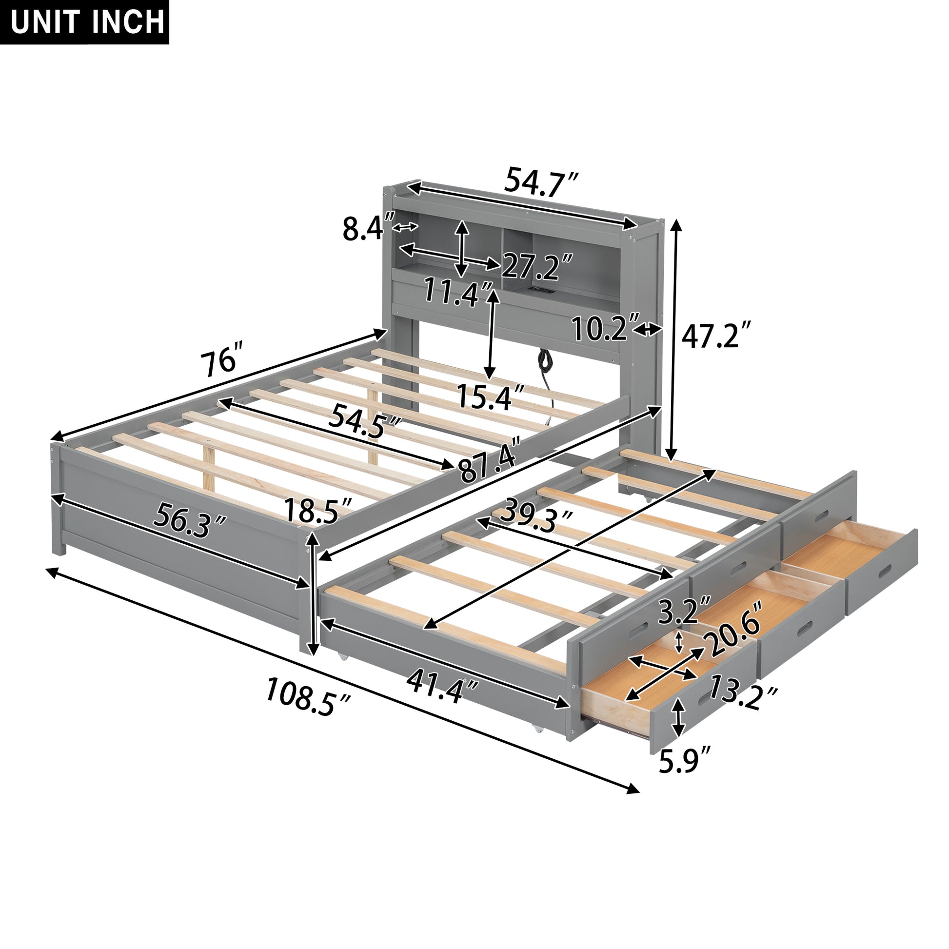 Full Size Platform Bed With Trundle, Drawers And Usb Plugs, Gray Full Gray Pine