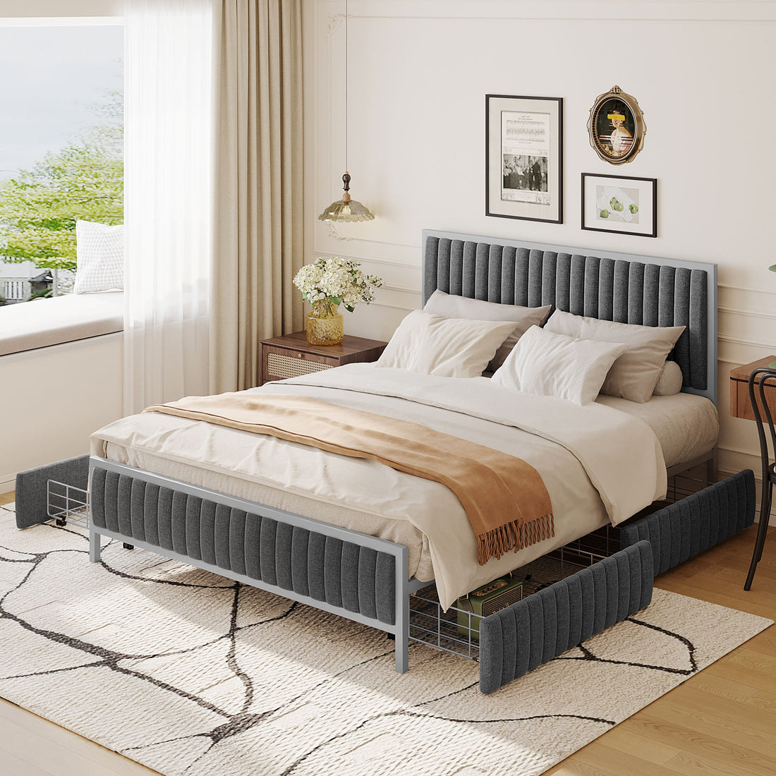 Queen Size Metal Frame Upholstered Bed With 4 Drawers, Linen Fabric, Gray Gray Linen