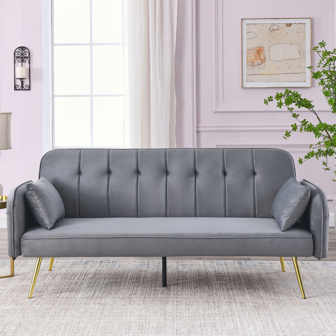 72.5" Convertible Sofa Bed, Adjustable Velvet Sofa Bed Velvet Folding Lounge Recliner Reversible Daybed Ideal For Bedroom With Two Pillows And Center Legs Grey Velvet