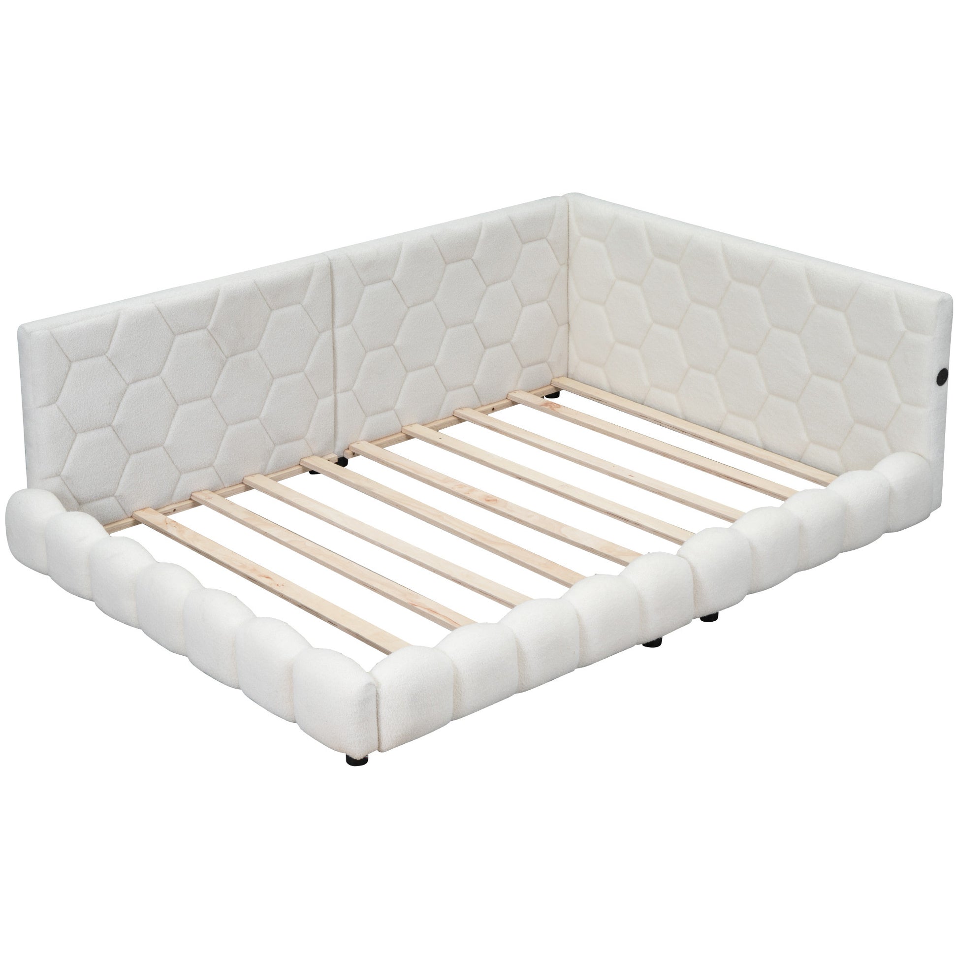 Upholstered Full Size Platform Bed With Usb Ports And Led Belt, White White Teddy