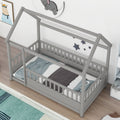 Twin Size Floor Wooden Bed With House Roof Frame, Fence Guardrails,Grey Box Spring Required Twin Grey Wood Brown Bedroom American Design,Artsy Pine Bed Frame Pine