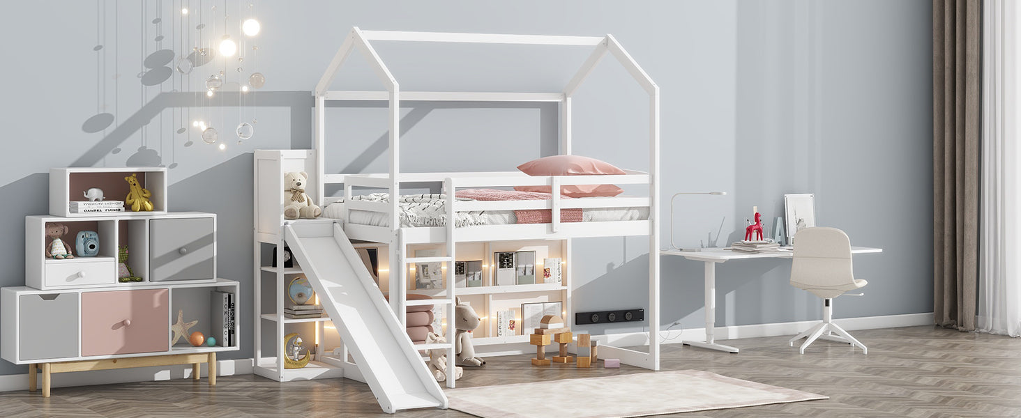 Twin Size Wood House Loft Bed With Slide, Storage Shelves And Light, White Box Spring Not Required White Wood Bedroom Solid Wood Mdf