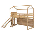 Twin Size Wood House Loft Bed With Slide, Storage Shelves And Light, Climbing Ramp, Wood Color Box Spring Not Required Wood Wood Bedroom Solid Wood Mdf