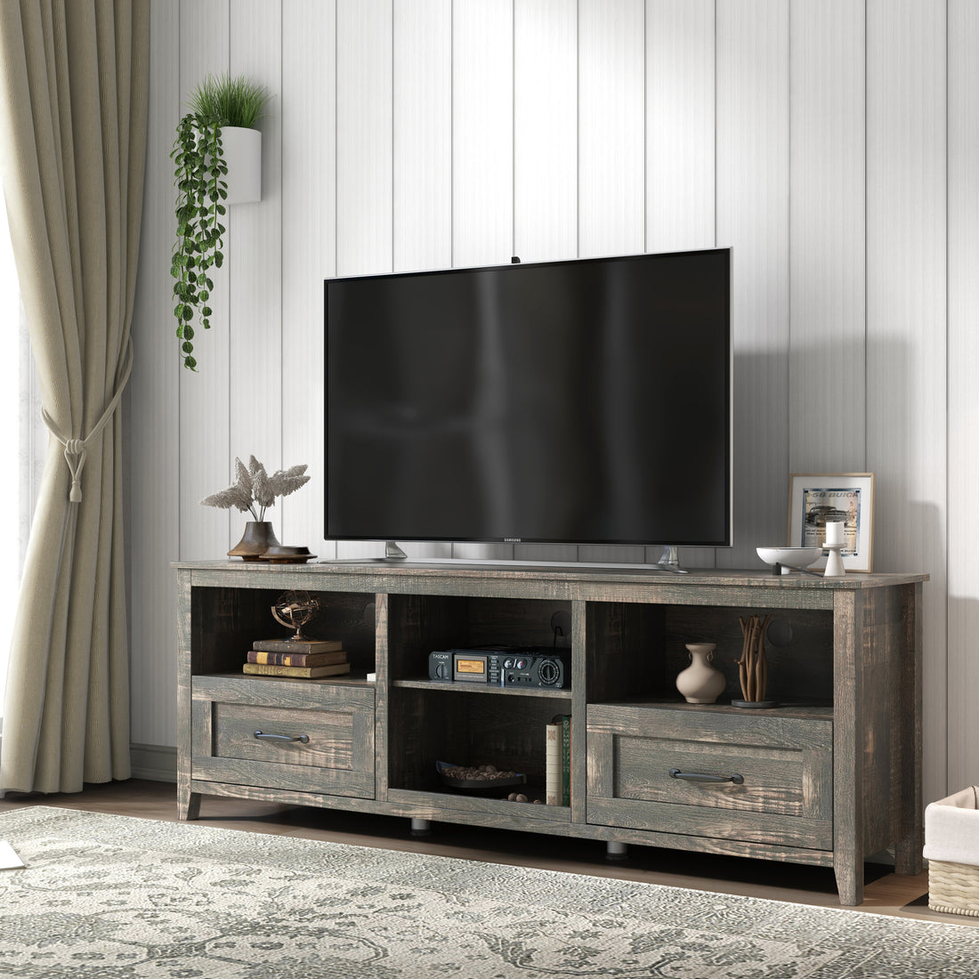 70 Inch Length Tv Stand For Living Room And Bedroom, With 2 Drawers And 4 High Capacity Storage Compartment, Black Pine Old Pine Particle Board