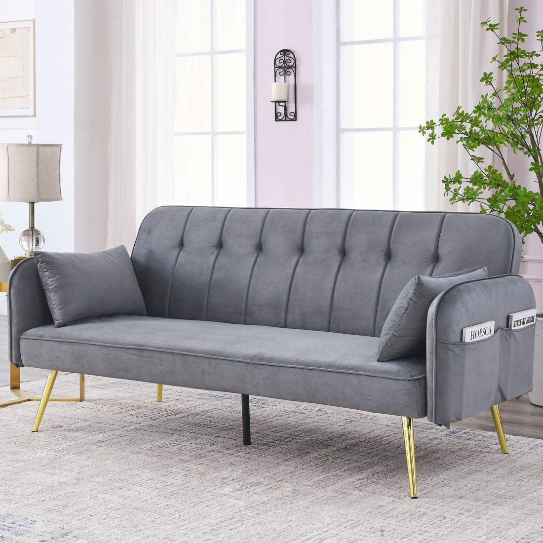 72.5" Convertible Sofa Bed, Adjustable Velvet Sofa Bed Velvet Folding Lounge Recliner Reversible Daybed Ideal For Bedroom With Two Pillows And Center Legs Grey Velvet