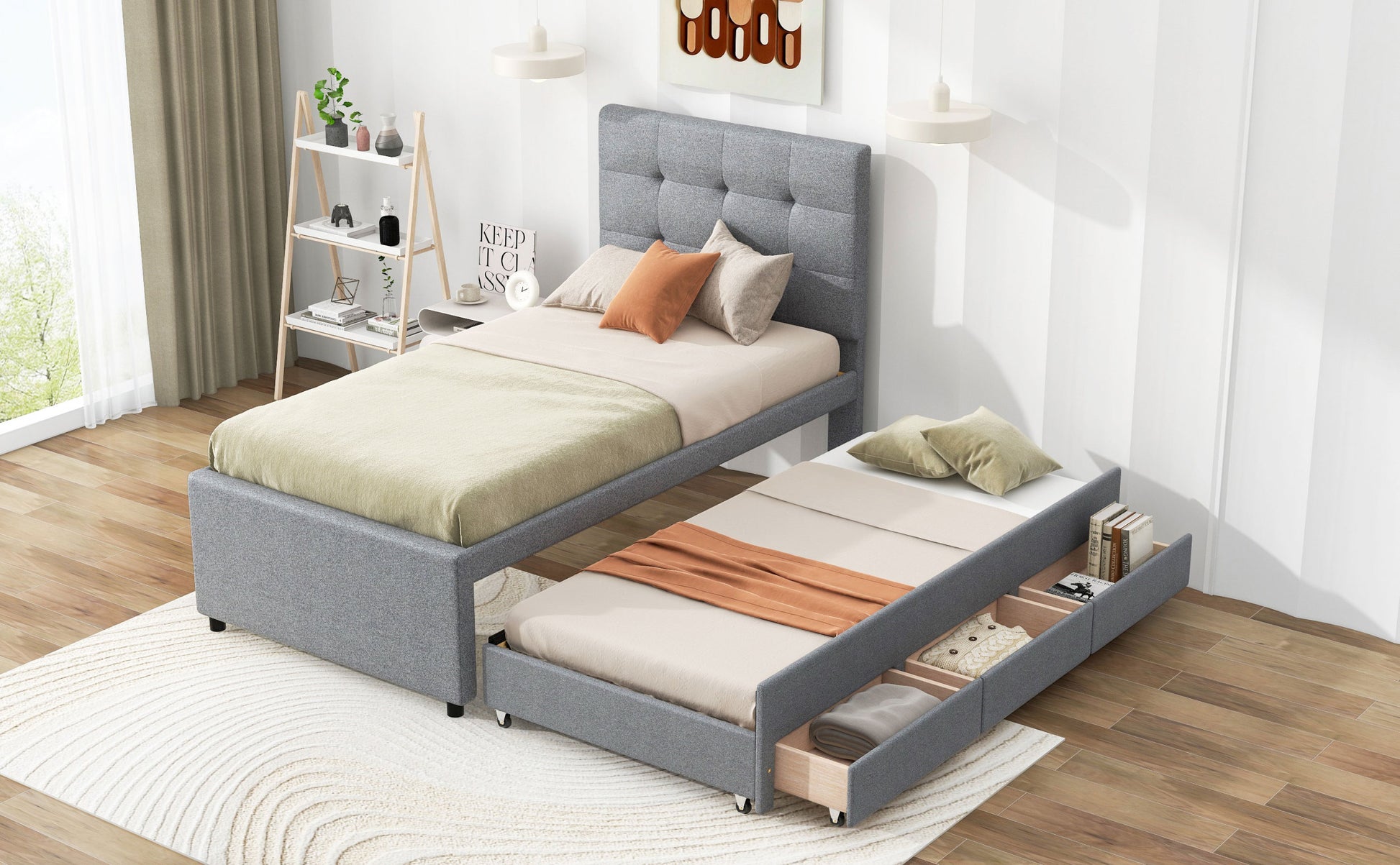 Twin Size Upholstered Platform Bed With Pull Out Twin Size Trundle And 3 Drawers, Gray Twin Gray Upholstered