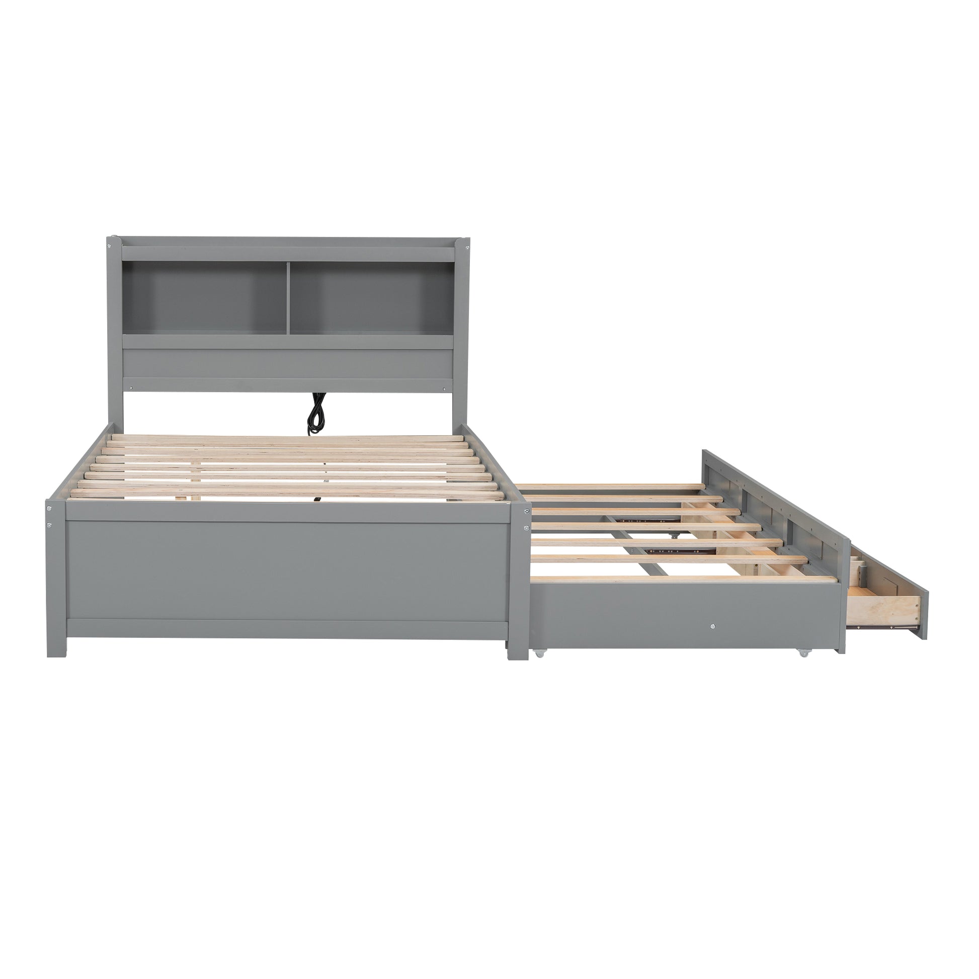 Full Size Platform Bed With Trundle, Drawers And Usb Plugs, Gray Full Gray Pine