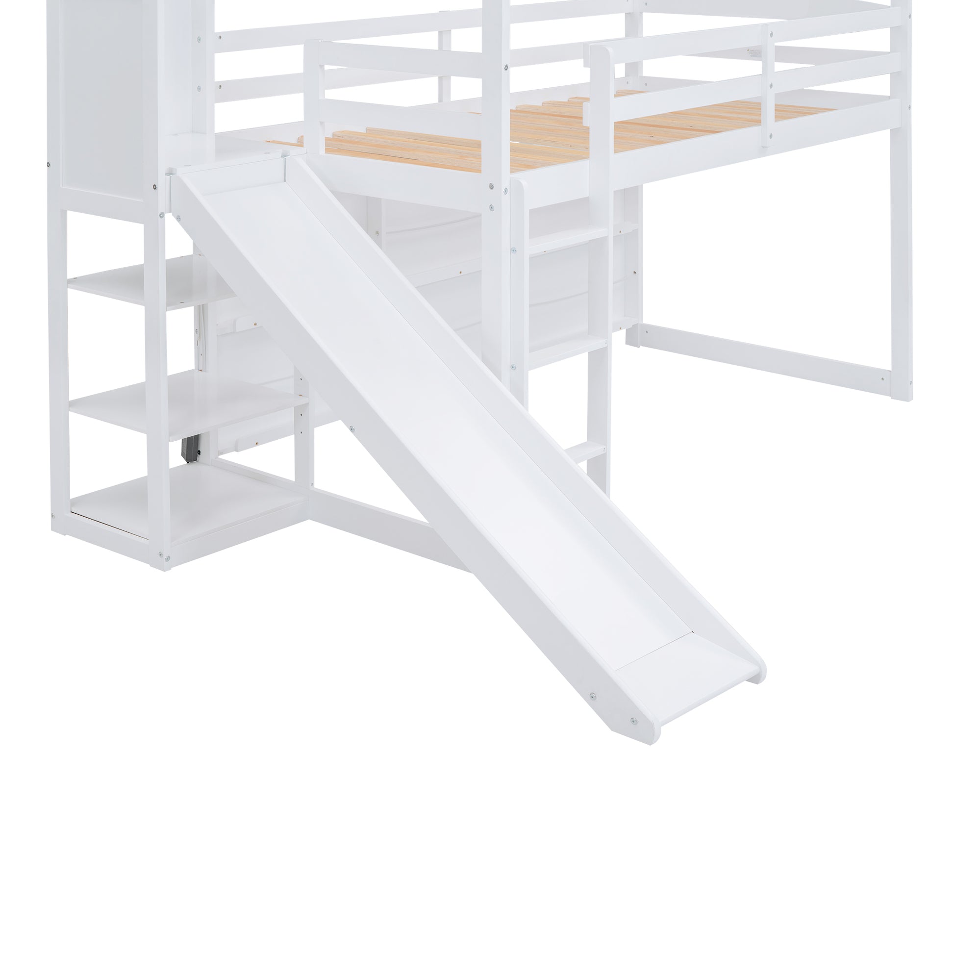 Twin Size Wood House Loft Bed With Slide, Storage Shelves And Light, White Box Spring Not Required White Wood Bedroom Solid Wood Mdf