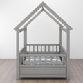 Twin Size Floor Wooden Bed With House Roof Frame, Fence Guardrails,Grey Box Spring Required Twin Grey Wood Brown Bedroom American Design,Artsy Pine Bed Frame Pine