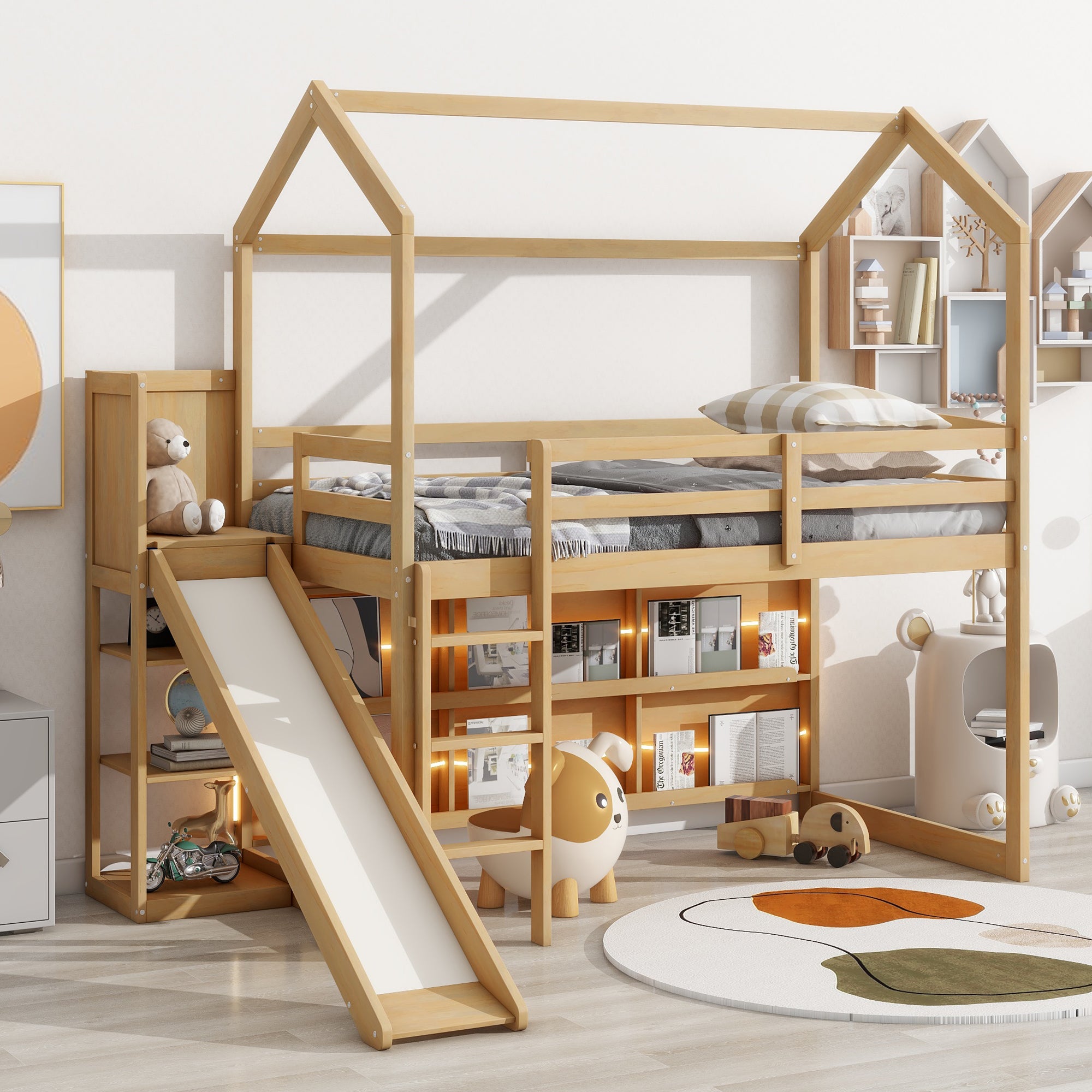 Twin Size Wood House Loft Bed With Slide, Storage Shelves And Light, Climbing Ramp, Wood Color Box Spring Not Required Wood Wood Bedroom Solid Wood Mdf