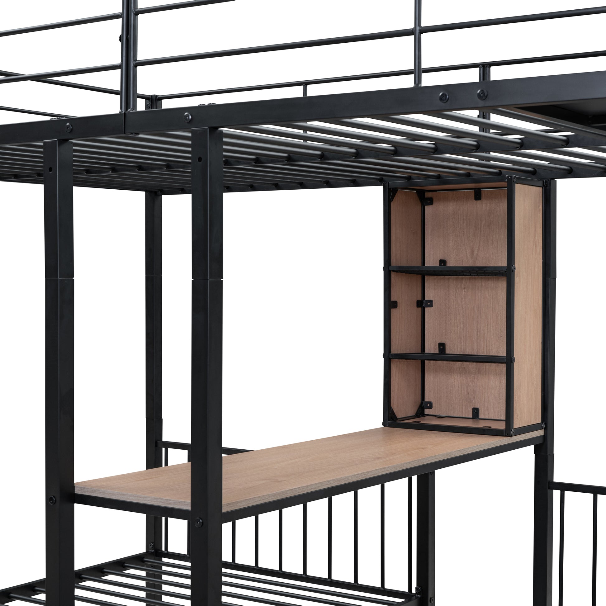 Full Over Twin & Twin Triple Bunk Bed With Drawers, Multi Functional Metal Frame Bed With Desks And Shelves In The Middle, Black Black Metal