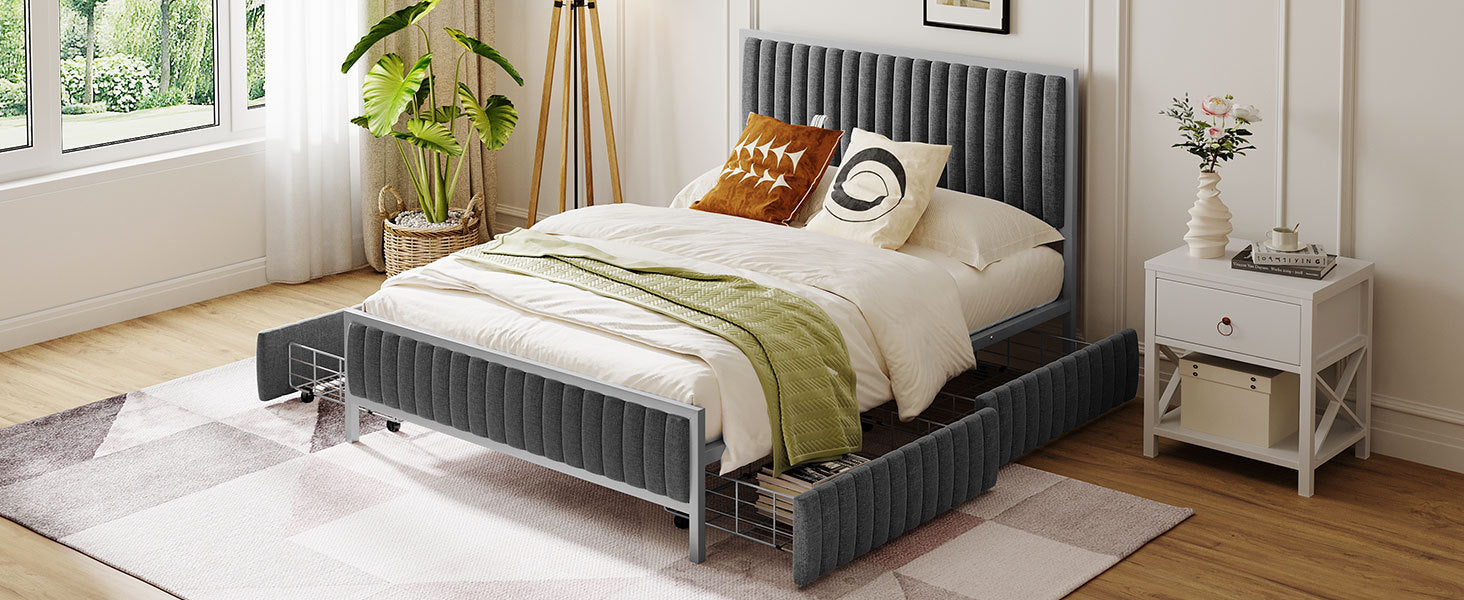 Full Size Metal Frame Upholstered Bed With 4 Drawers, Linen Fabric, Gray Gray Linen