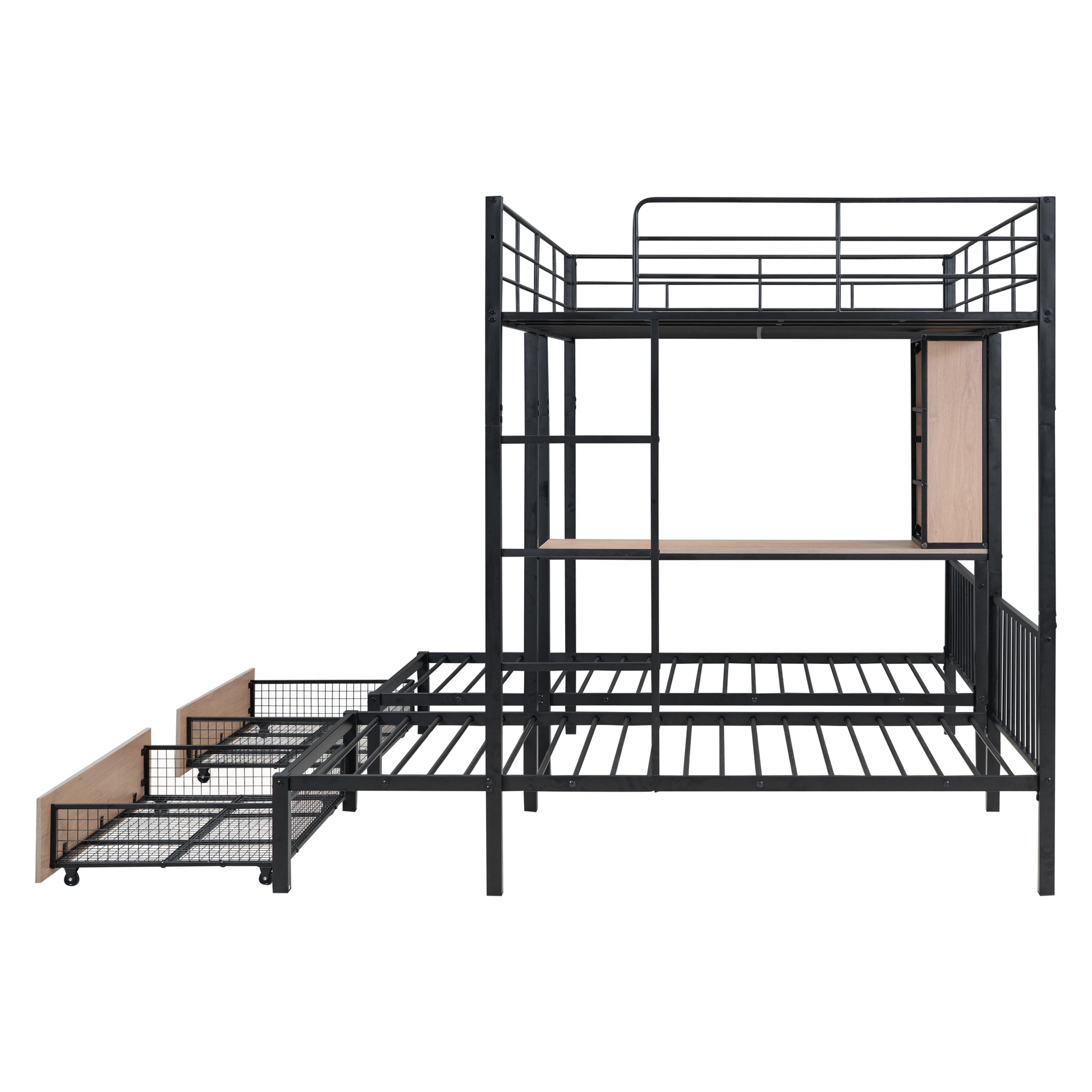 Full Over Twin & Twin Triple Bunk Bed With Drawers, Multi Functional Metal Frame Bed With Desks And Shelves In The Middle, Black Black Metal