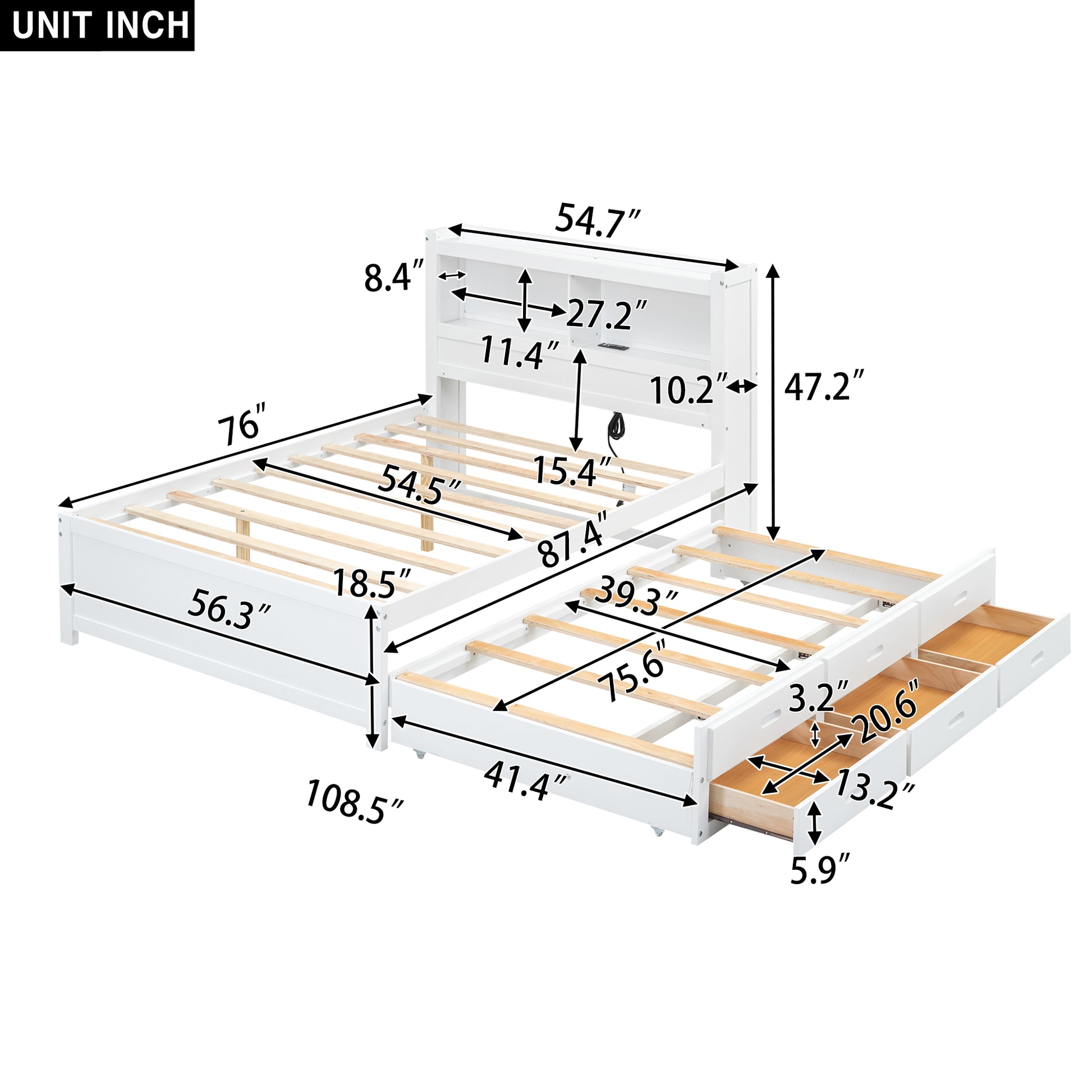 Full Size Platform Bed With Trundle, Drawers And Usb Plugs, White Full White Pine