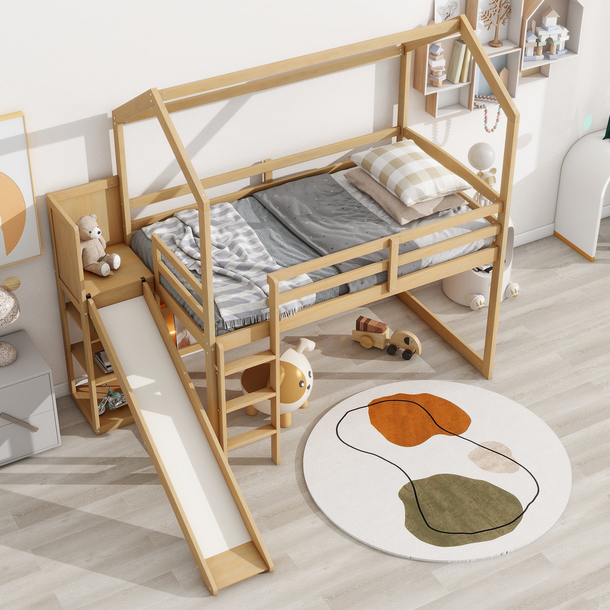 Twin Size Wood House Loft Bed With Slide, Storage Shelves And Light, Natural Natural Solid Wood Mdf